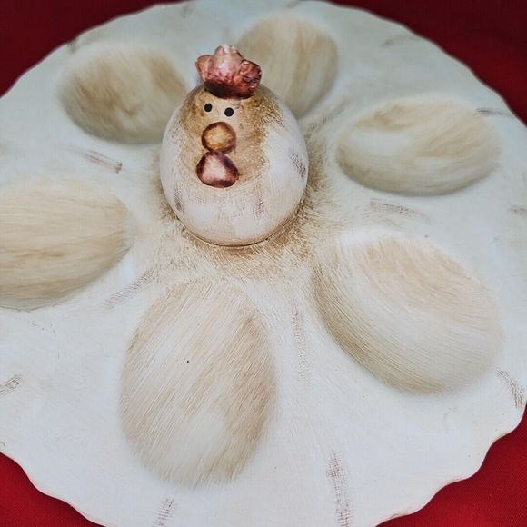 Deviled 6 Egg Tray Serving Easter Platter With Chicken Rooster Beige Round - Picture 9 of 9